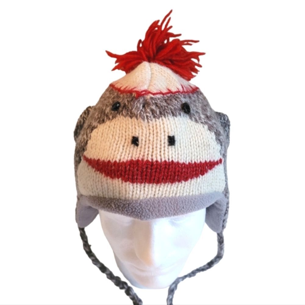 Deluxe Sock Monkey Adult Hand Made Winter Knit Hat Gray Red Cream w Pom Pom